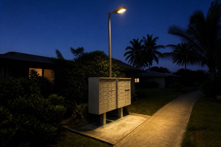 The same mailboxes, now lit by the streetlight