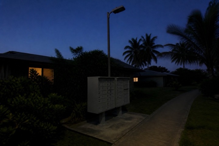 The mailboxes in the dark, the streetlight above them out